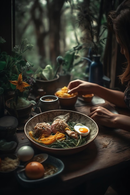 A woman eats a bowl of food with a bowl of food in the background.