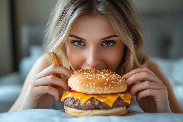 Woman eats fast food on bed