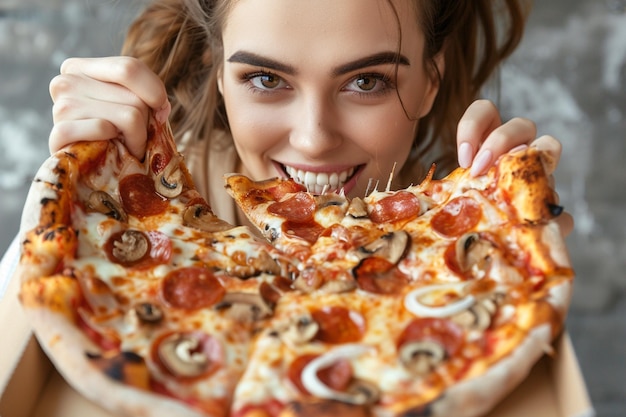 Woman eats pizza at home