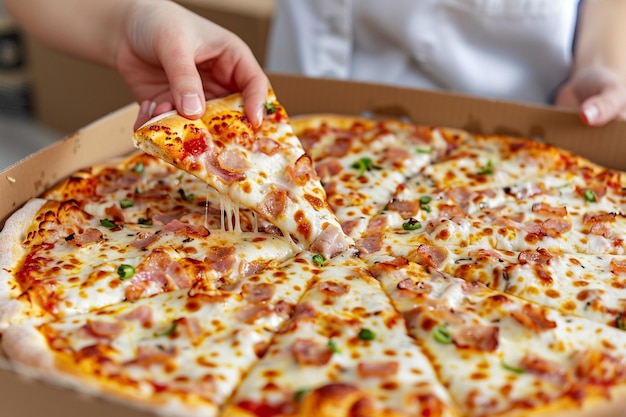 Woman eats pizza at home