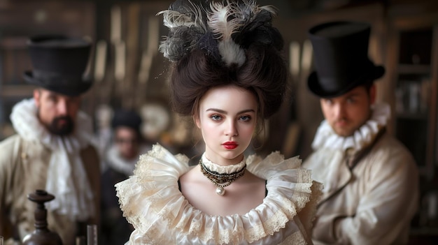 Photo a woman in elaborate historical dress stands confidently flanked by two men in vintage attire all in an opulent indoor environment that evokes a bygone era