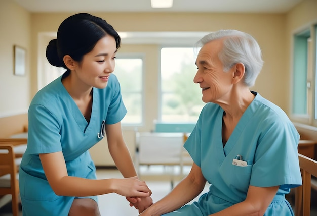 a woman and an elderly man are holding hands with a nurse