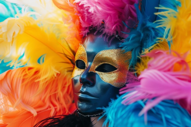 Woman in electric blue mask with feather eyelash at performing arts event