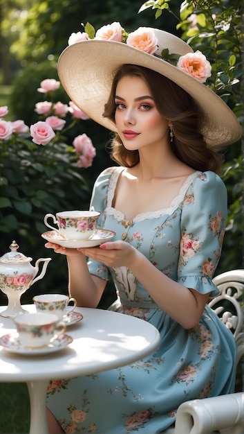 Woman in an Elegant Floral Dress and WideBrimmed Hat Sitting at a Table Set for Afternoon Tea in a Blooming Garden Sipping from a Delicate Porcelain Teacup Generative AI