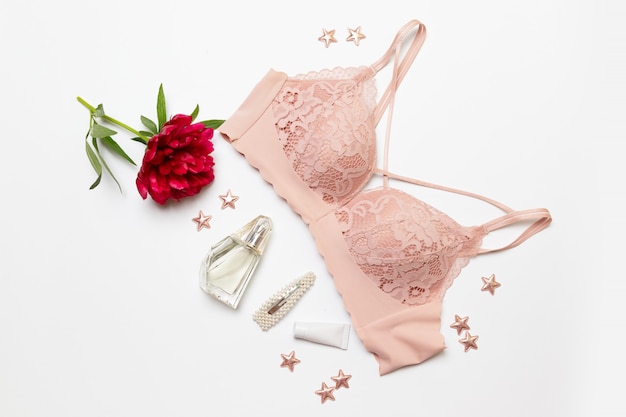 Woman elegant pink lace bra. 