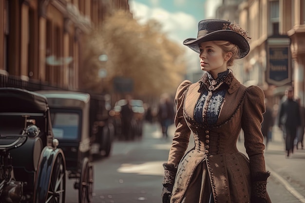 Woman in elegant victorian dress and hat walking through the streets of London AI generated