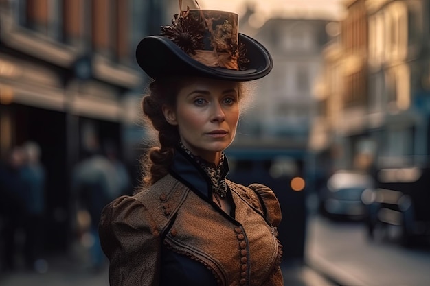 Woman in elegant victorian dress and hat walking through the streets of London AI generated