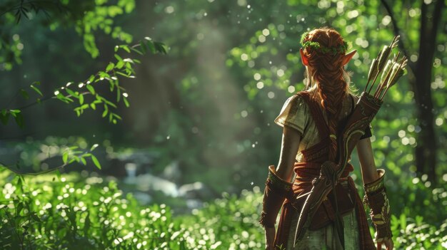 Photo woman elf archer warrior looks from behind in a green forest background wallpaper ai generated image