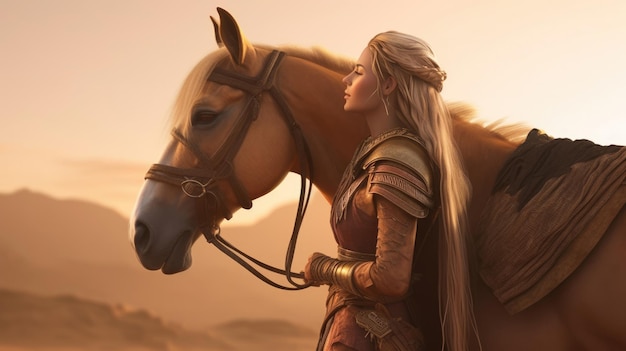 A woman elf and a horse in the desert