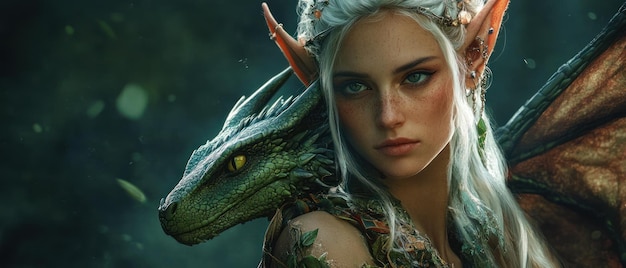 Photo a woman elf with a dragon animal as a friend or pet background wallpaper ai generated image