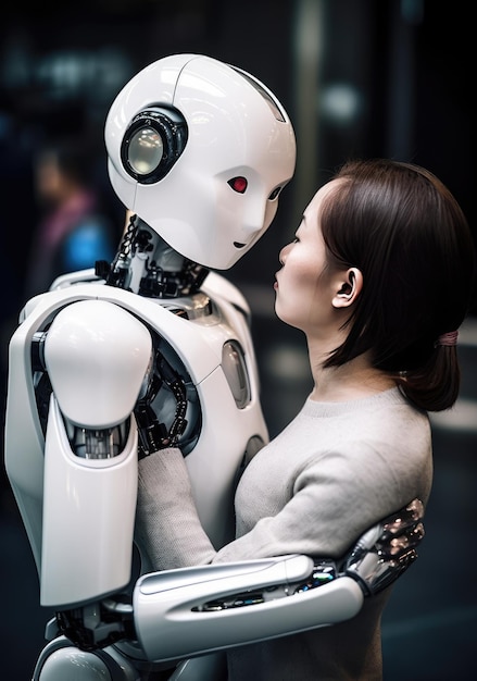 Woman in to embrace a humans robot generative ai