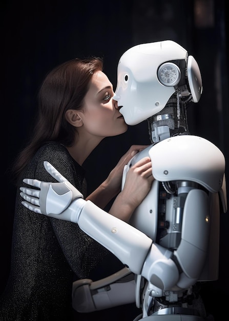 Woman in to embrace a humans robot Generative AI