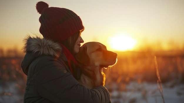 Woman embraces her dog in a snowy field at sunset sharing warmth and affection Golden light envelops the serene duo