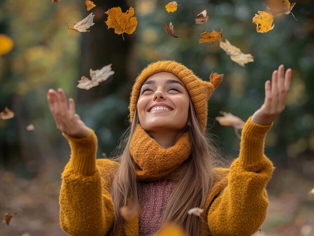 Photo woman embracing autumn bliss enjoying nature and life in joyful photography shot