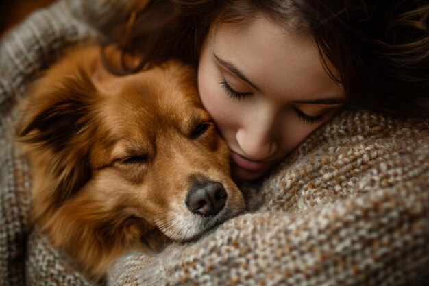 Photo woman embracing a fawncolored companion dog in a blanket for comfort