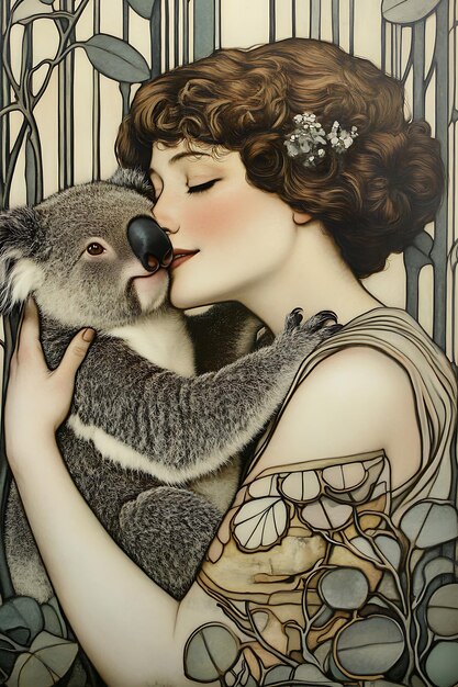 Photo a woman embracing a koala bear art deco style