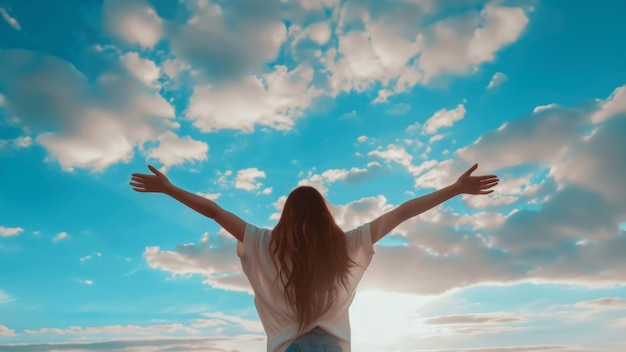 Woman embracing the sky with open arms clouds and blue sky background feeling free and happy