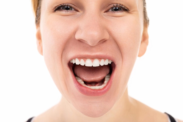 A woman emotionally screams with her mouth wide open profile picture on a white background