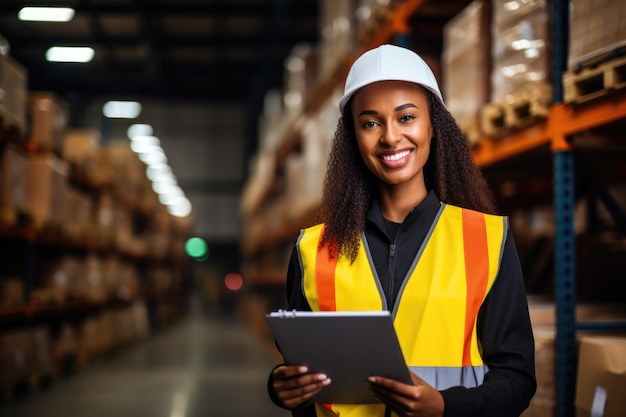 Woman employee or supervisor checks products at warehouse Female warehouse employees reading a clipboard an checking packages on shelf in a large logistics center