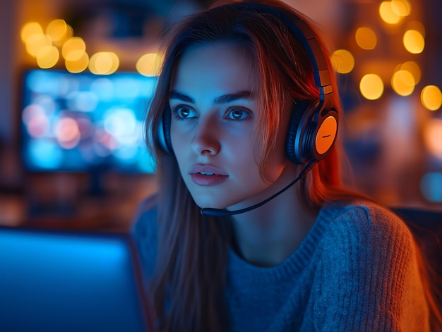 Woman Engaged in a Virtual Meeting with Headset in a Dimly Lit Setting