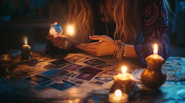 A woman engages in tarot card reading by candlelight in a dimly lit room filled with mystical vibes