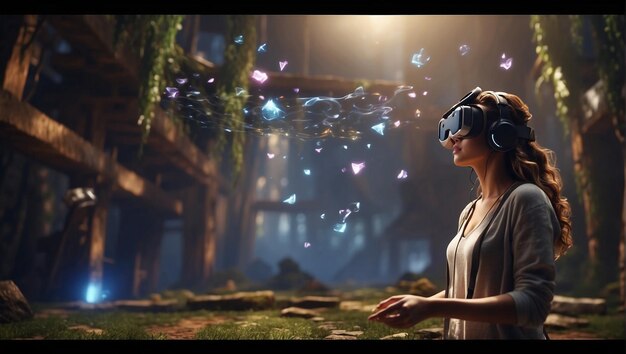 Woman Engages in a VR Game Immersed in a Digital Realm of Excitement and Exploration