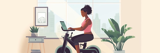 Woman engaging in an online fitness class with a stationary bike