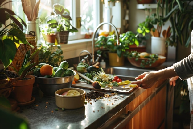 Woman engaging in sustainable living by preparing compost with kitchen scraps near sunny window