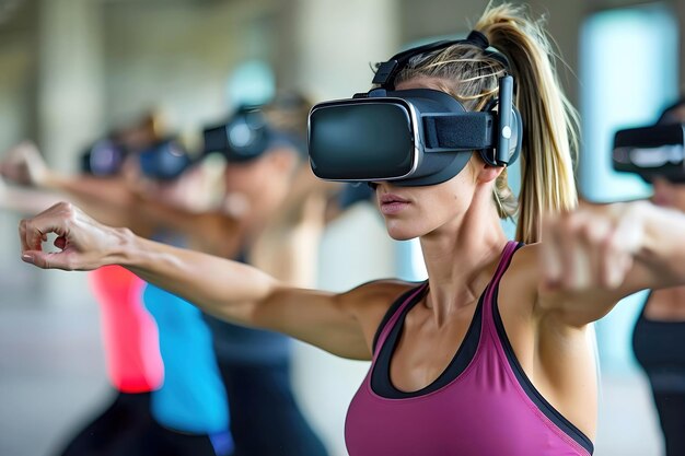 Photo woman engaging in virtual reality fitness program in gym