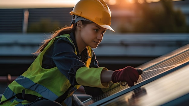 A woman engineer electrician using a hand to check solar panels on the roof clean energy power nature photovoltaic systems the energy produced by the sun Power sustainable concept Generative Ai