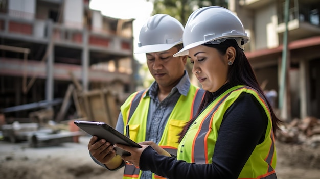 Woman engineer supervising construction of building with construction worker