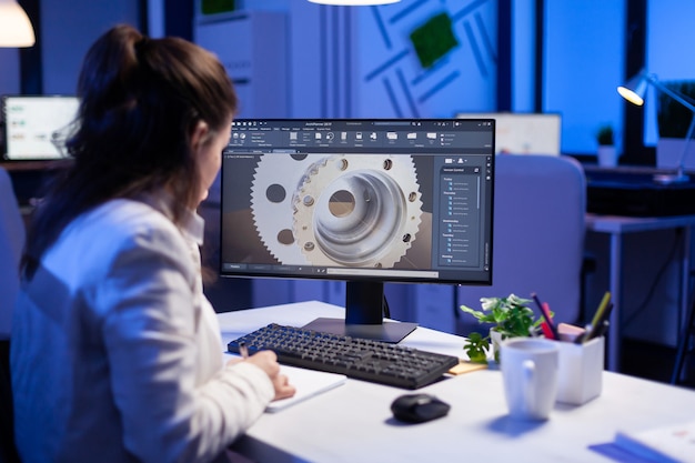 Woman engineer working on new digital prototype using professional construction equipment late at night at office company