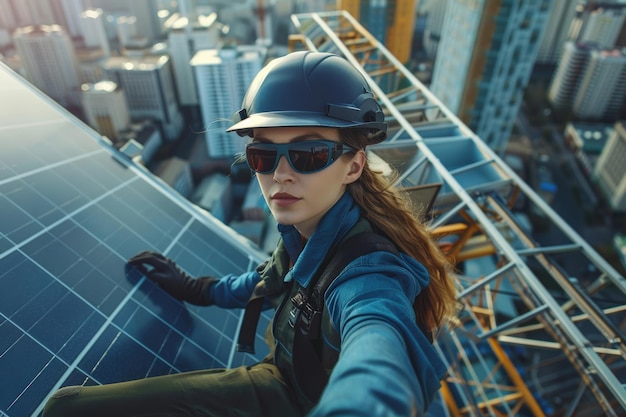 Woman engineer working on rooftop solar panels ensuring sustainable energy