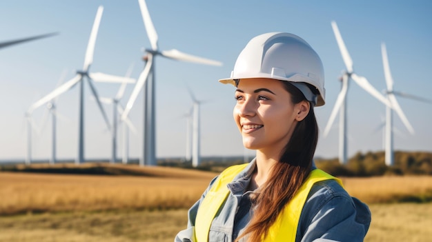 Woman Engineer in yellow hard hat at windmills power plant