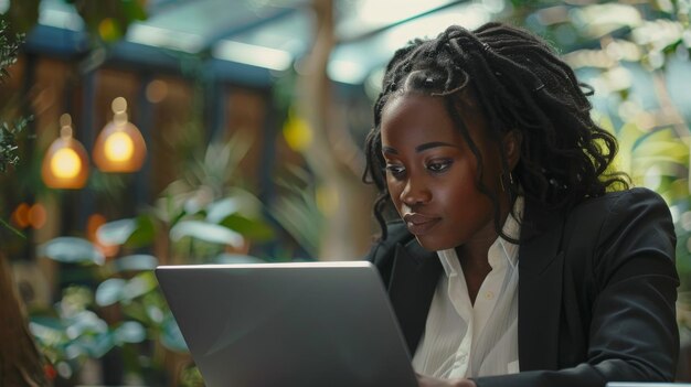 A woman engrossed in her work tapping away on a laptop at a table