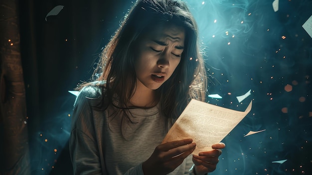 Woman engrossed in magical reading A person reads a book with glowing pages surrounded by floating embers and a mystical aura suggesting discovery