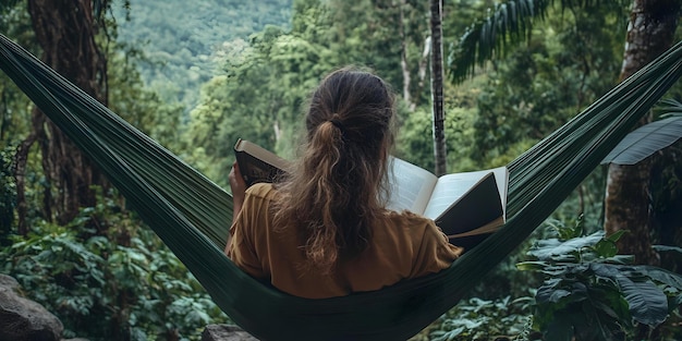 Photo woman enjoying a book in a hammock