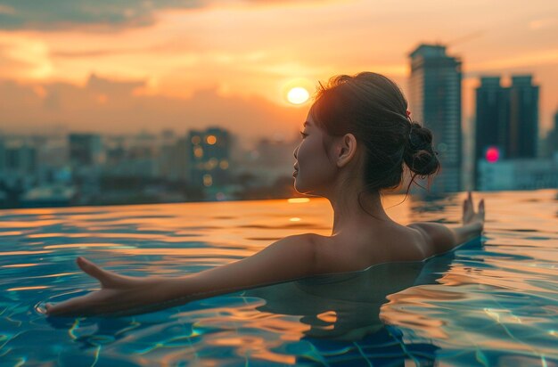 Woman Enjoying Cityscape View from Infinity Pool at Sunset