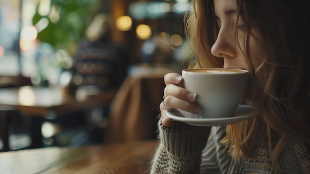 Photo woman enjoying a cup of coffee in a cozy cafe