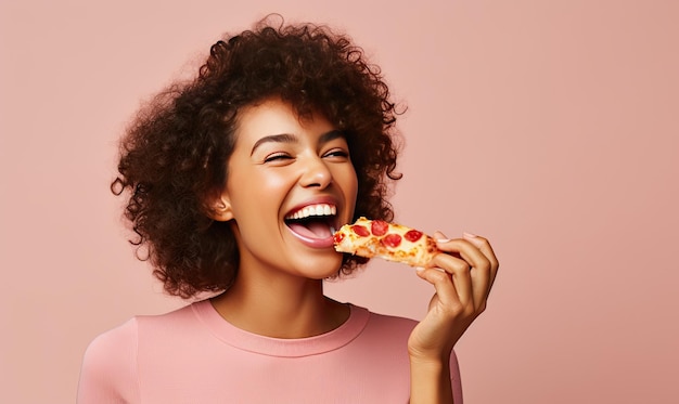 Woman Enjoying a Delicious Slice of Pizza