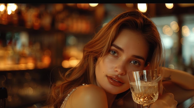 Woman Enjoying a Drink at a Bar in the Evening