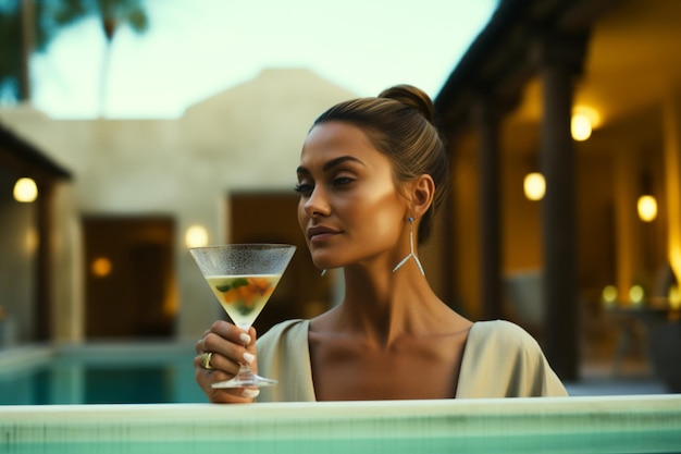 Photo woman enjoying drink while relaxing in pool at boutique hotel