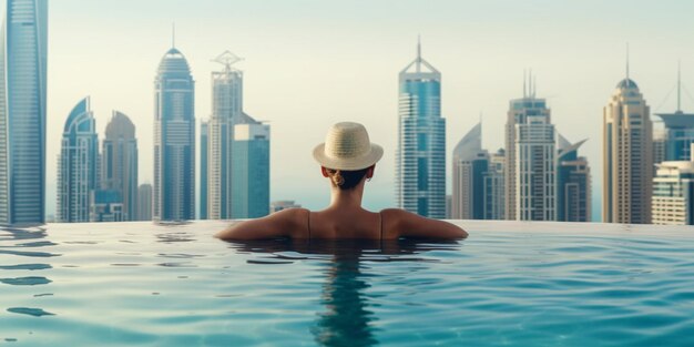 Photo woman enjoying dubai marina skyline from luxury hotel infinity pool banner with copy space