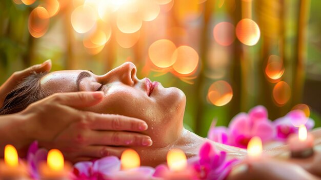 Photo woman enjoying a facial massage in a exotic thai spa female receiving a skincare treatment concept of relaxation luxury spa treatments and wellness copy space