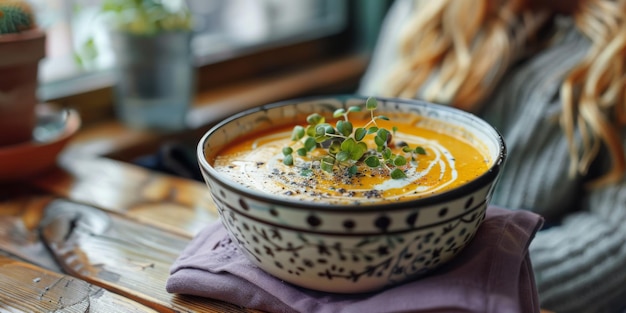 Woman Enjoying Fresh Homemade Pumpkin Soup in Cozy Cafe