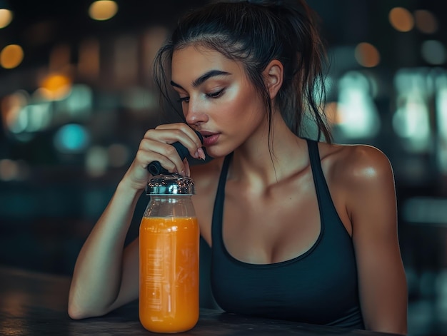 Woman Enjoying Fresh Juice After Workout Session