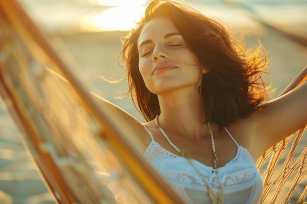 Woman Enjoying Hammock with Closed Eyes With the sun gently kissing her skin pleasure of relaxation