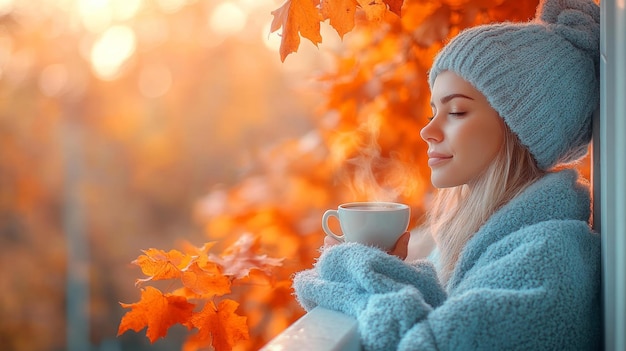 Photo woman enjoying a hot cup of coffee in autumn generative ai