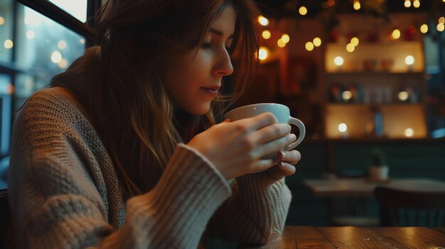 Woman enjoying a hot drink in a cozy cafe