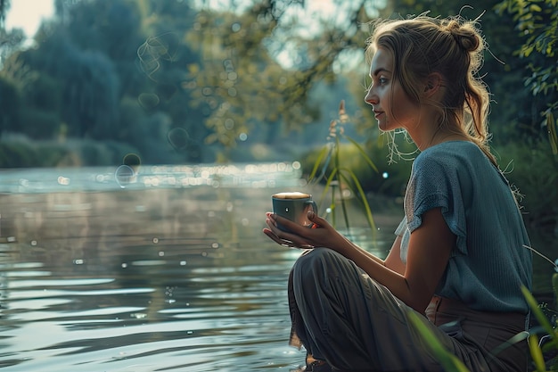 Photo woman enjoying morning coffee by a river